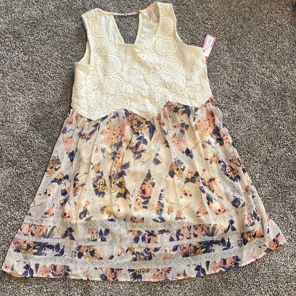 Xhilaration women’s dress, crochet floral top flow, a bottom.